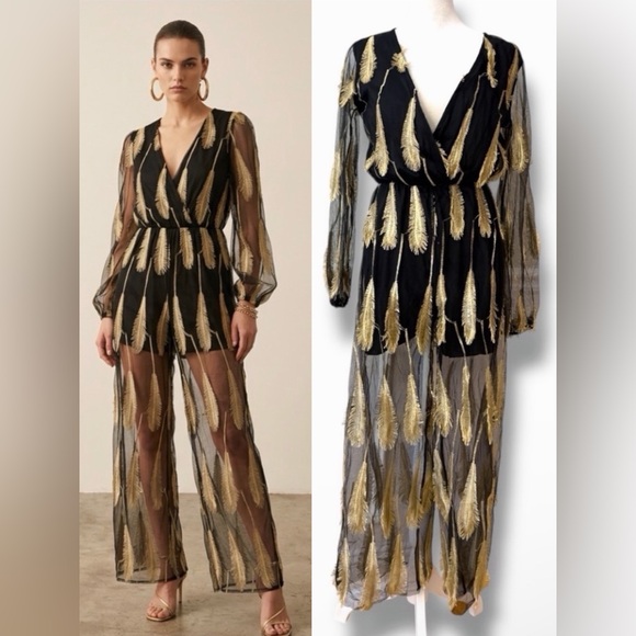 Vintage Pants - Vintage 90s LAN Classic Metallic Gold 3D Feather Mesh Maxi Romper Festival Glam
